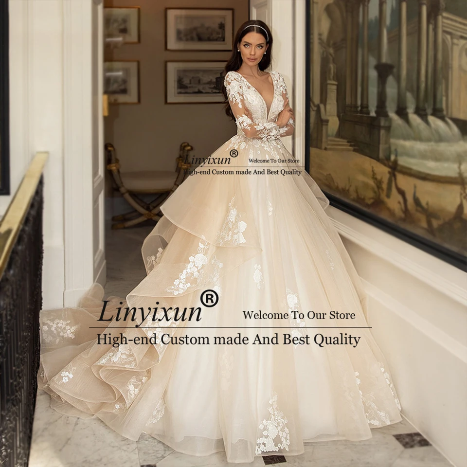 Vintage Svadobné šaty šampanského tylu pre ženy 2023 Očarujúce aplikácie V-krstu Ball Bride Chapel Train Vestidos de Novia