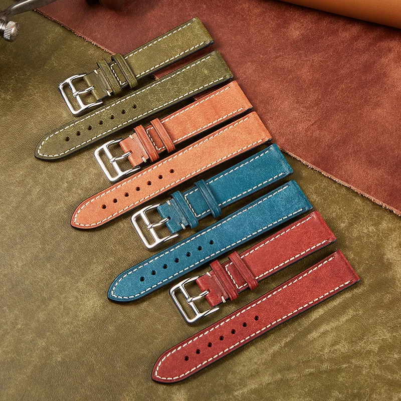 Vintage talianska prvá vrstva Cowhide Watchband s 20 mm 22 mm ručne vyrábaná zeleninová opálená kožená hodinky Plap Prispôsobený mužský náramok