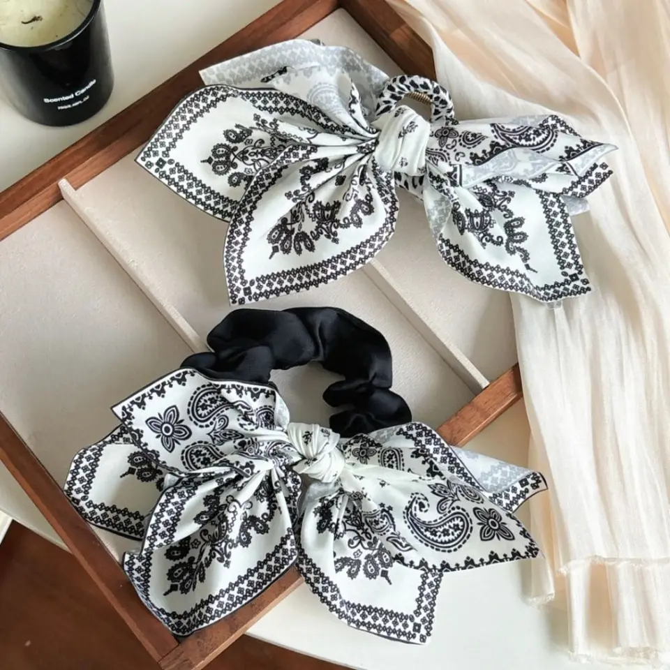 Vintage tlač Veľký luk scrunchies klip klip móda motý