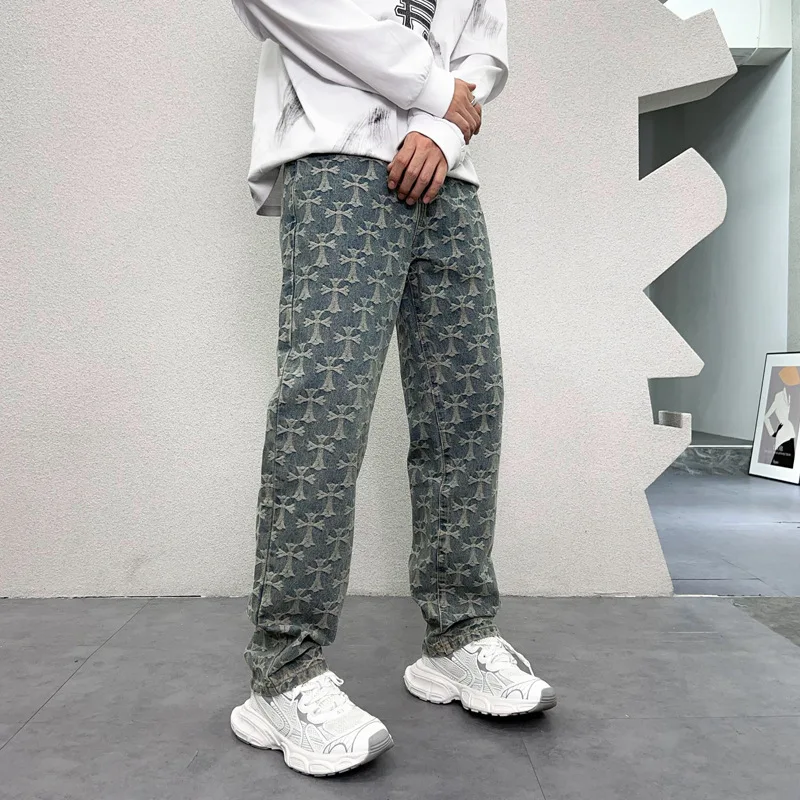 Vintage tlačené umývané džínsy na jeseň Pánske jeseň nová 2024High Street Fashion Moderné voľné široké nohy Hip hop moping džínsové nohavice