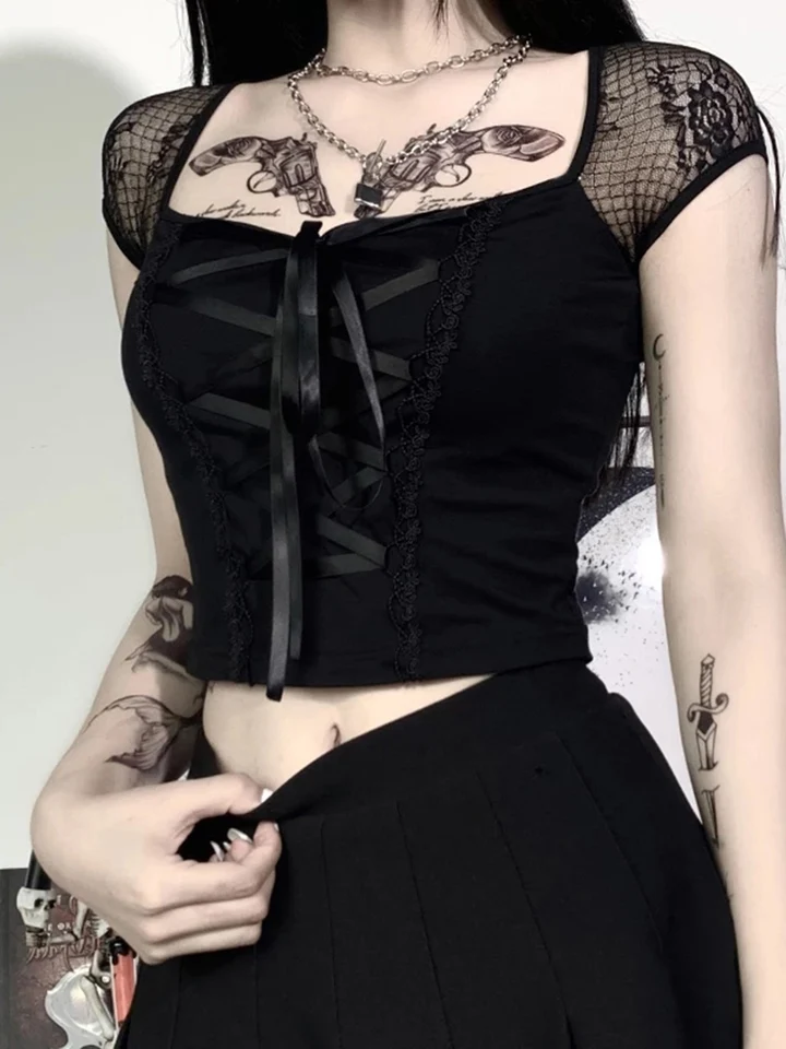Vintage topy goth tričko dám ženské bandážové čipky Čierne tričká Gothic Streetwear Sexy ženské top príležitostné sieť