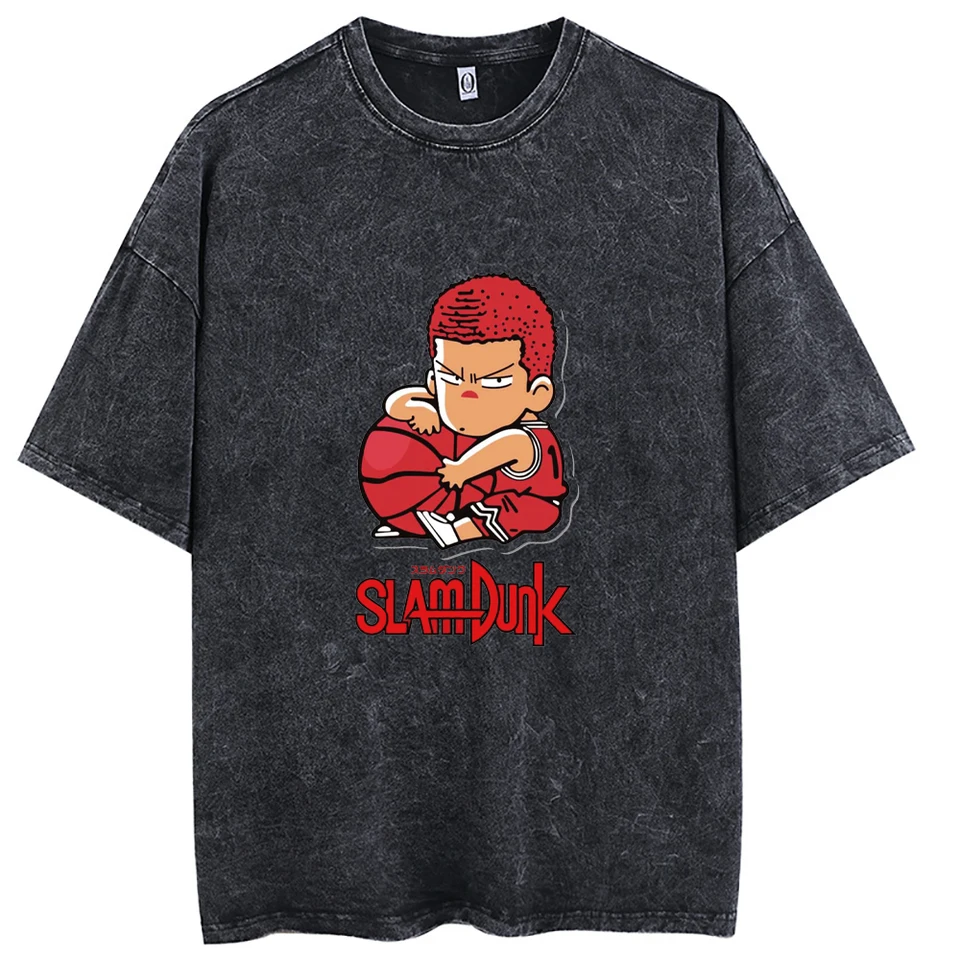 Vintage umývaný tričko anime sakuragi hanamichi tlač s krátkym rukávom bavlnené odpaliská pánske harajuku nadmerne veľké streetwear