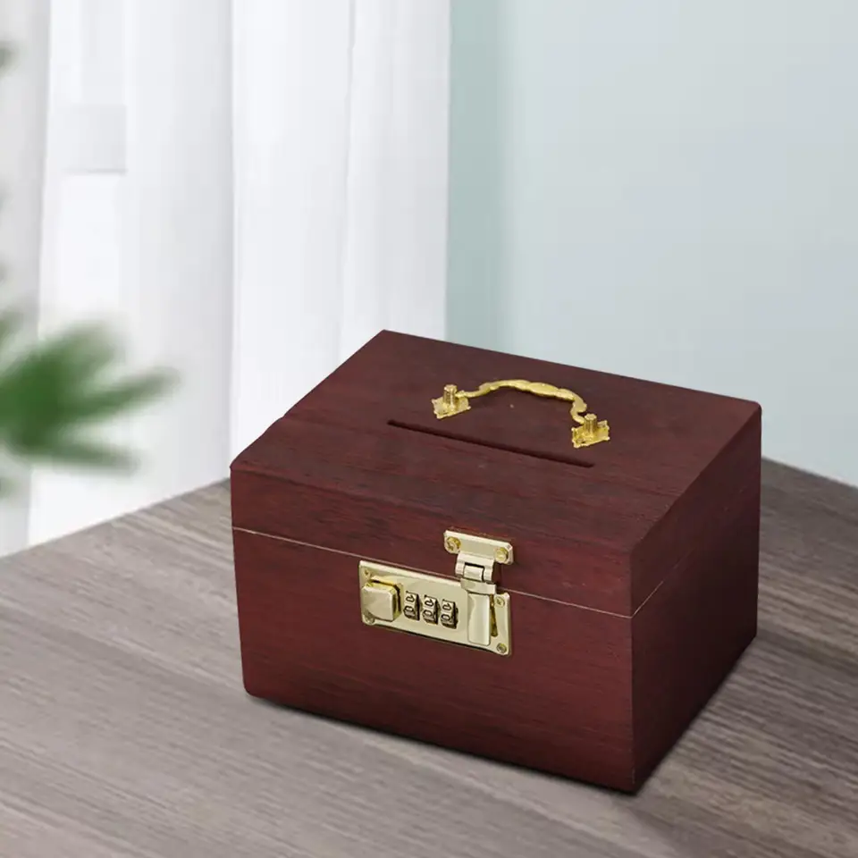Vintage v štýle drevený box Piggy Bank Organizátor Heslo Zbierka Zbierka poklady hrudník Treasure Box pre detské darčeky suvenír