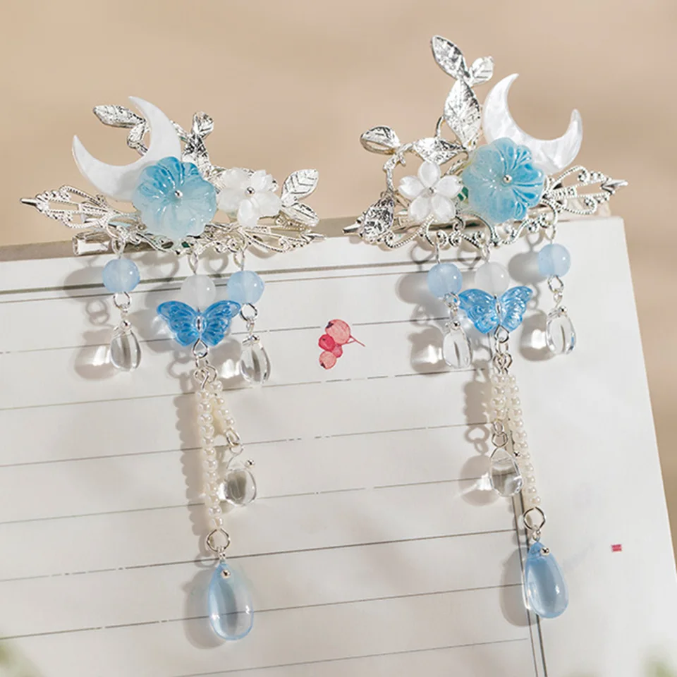 Vintage vlasy klip Mesiac v tvare Fringe Hairpin Chinese Hanfu Hair Doplnky modré kvetinové barety starodávne svadobné vlasy šperky