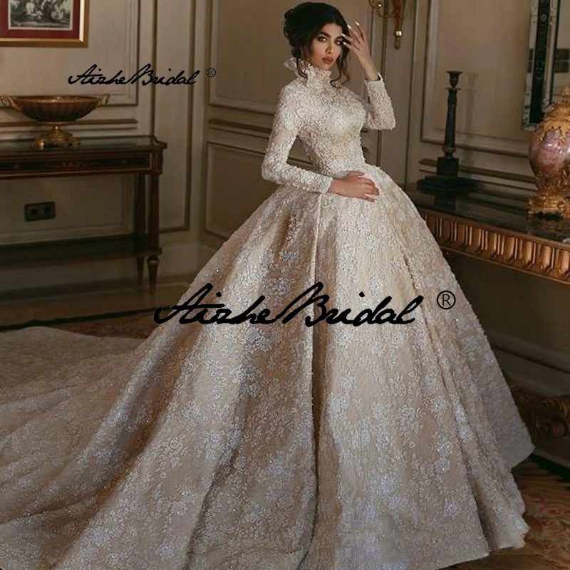 Vintage vysoký krk čipkované aplikácie Svadobné šaty Dubaj arabské vestidos de Novia svadobné šaty pre nevestu