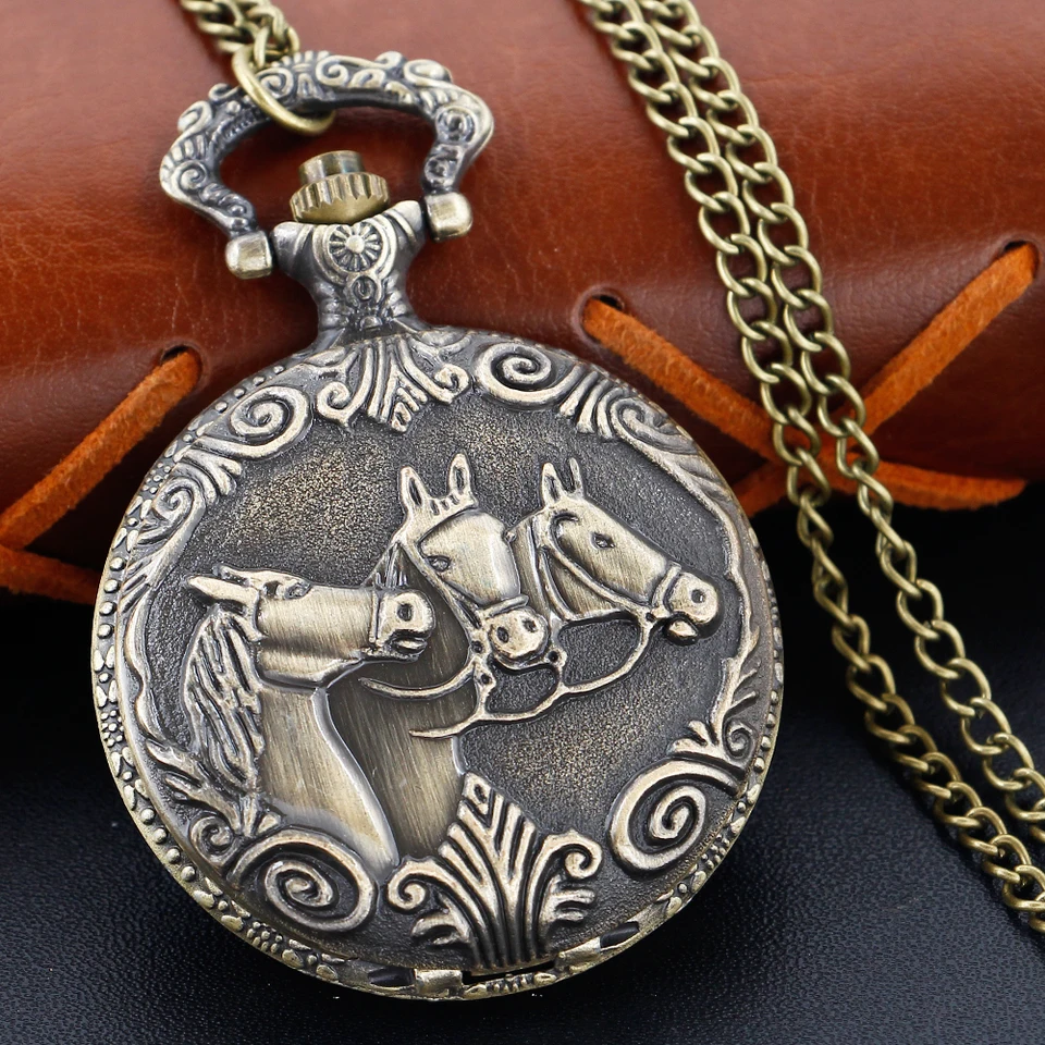 Vintage Western Cowboy Quartz Pocket Watch RaceCourse Pattern Fob Chain Clock Bronzový náhrdelník Prívesok Pánsky a detský darček