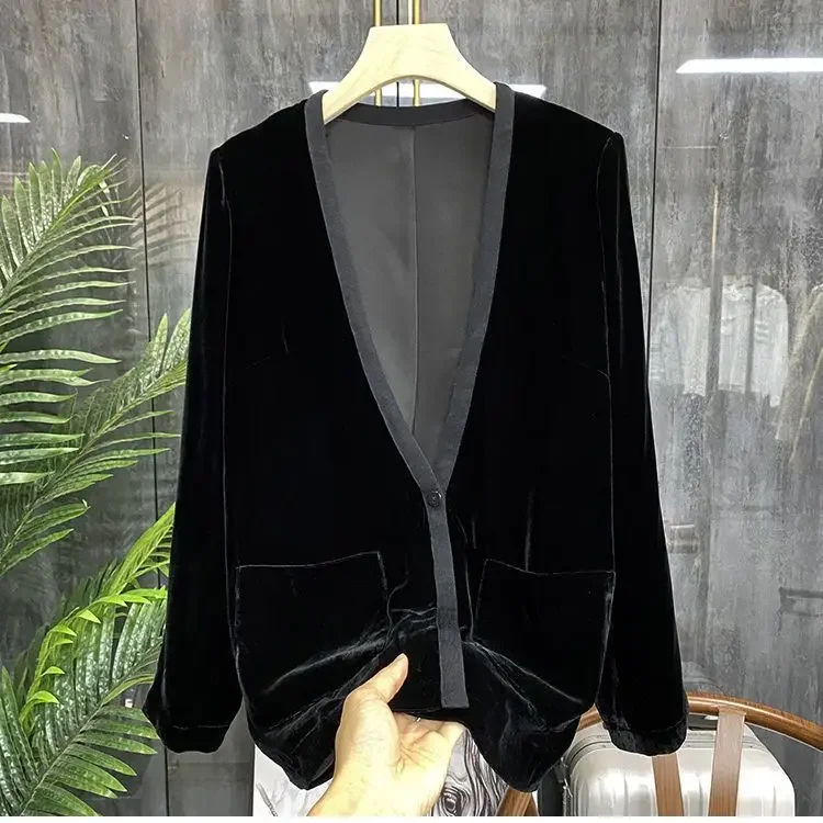 Vintage zamatová blúzka pre ženy Blusas Mujer de Moda Black Temperament Tirls V-krk dlhé rukávy s dlhým rukávom nadmerné vrcholy A539
