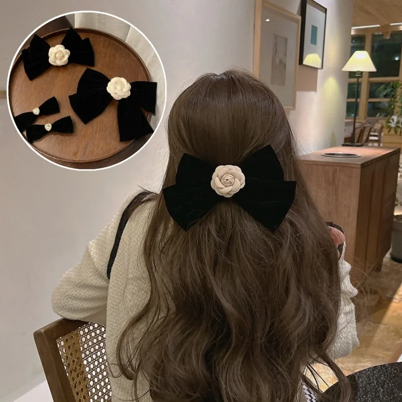 Vintage čierny veľký klip pre zamatové luky pre ženy pre ženy Svadba Dlhá stuha Kórejské vlasové prvky Barrette Hair Príslušenstvo