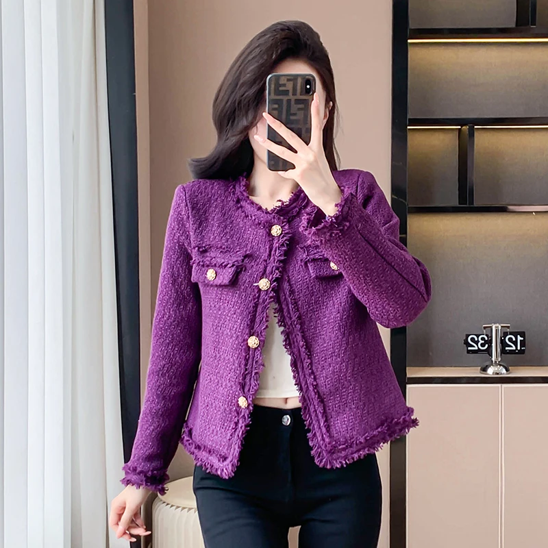 Vintage ženy okrúhly golier Purple Tassel Tweed Krátky kabát Nový jesenný zimný zimný single Breasted Weate Weave Fringe Lady Topy