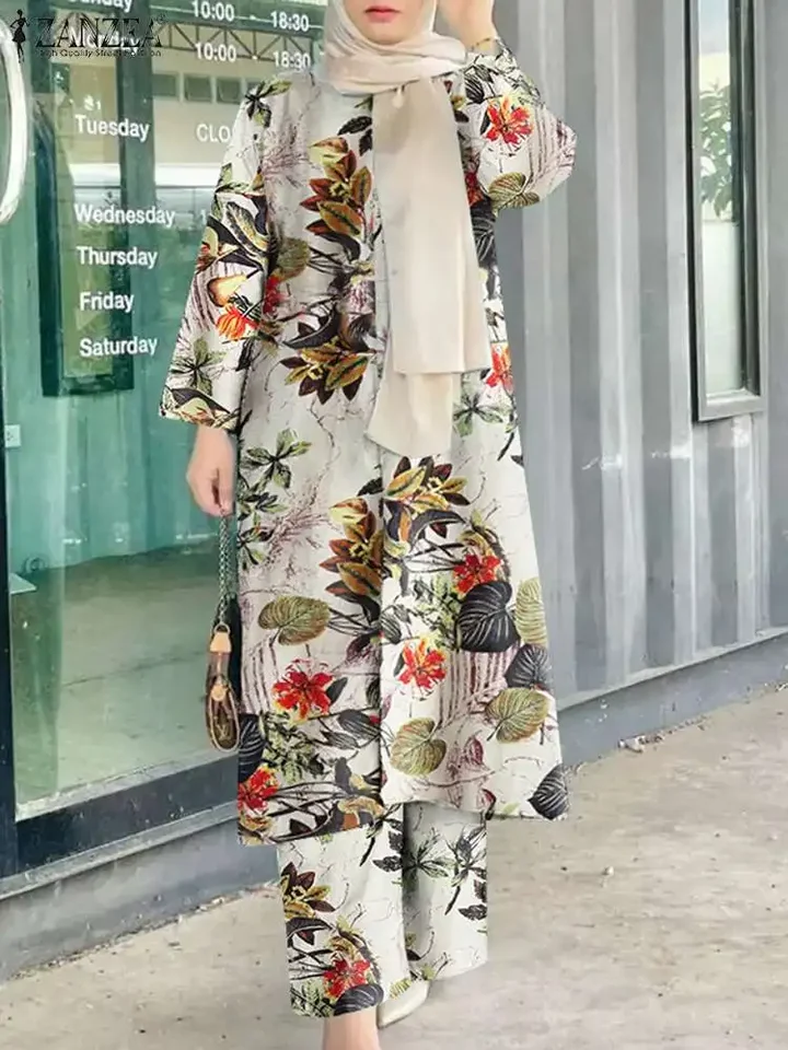 Vintage Ženy s dlhým rukávom Blúzky nohavičky 2ks kvetinové tlačené voľné Outtifits retro Príležitostné nohavice obleky moslimské stopy