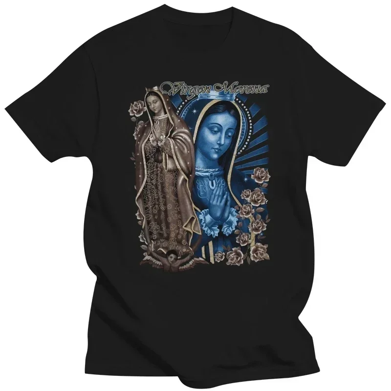 Virgen Morena Guadalupe Panna Mary Flower Flowers Rose Modlite sa kvalitné tričká Men tlačenie krátkeho rukávu o krk