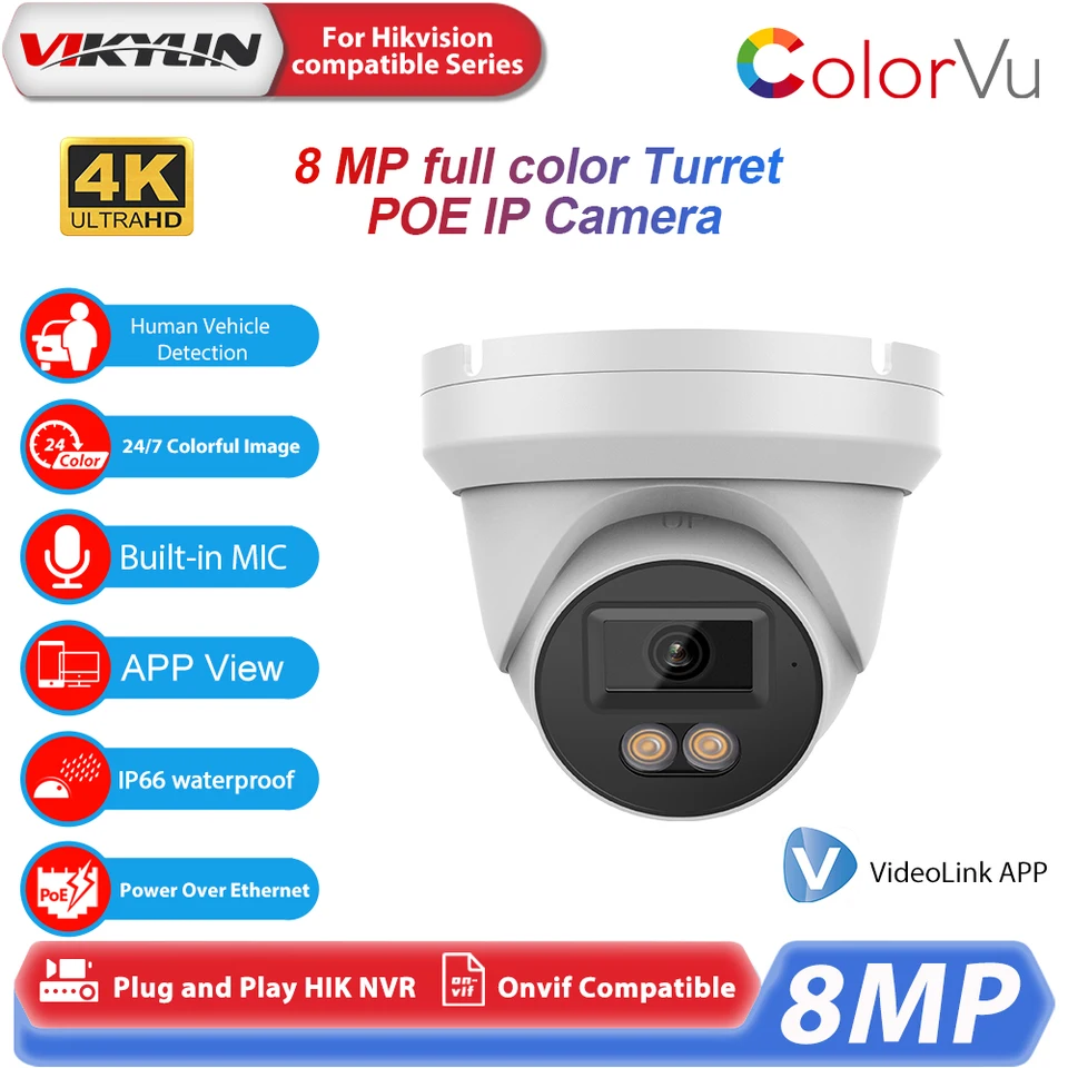 VISKYLIN 2,8 mm objektív 4K 8MP vežička Poe IP fotoaparát Detekcia ľudského vozidla Vstavaná v mikrofónnom dome CCTV Outdoor Security Camera Onvif IP66