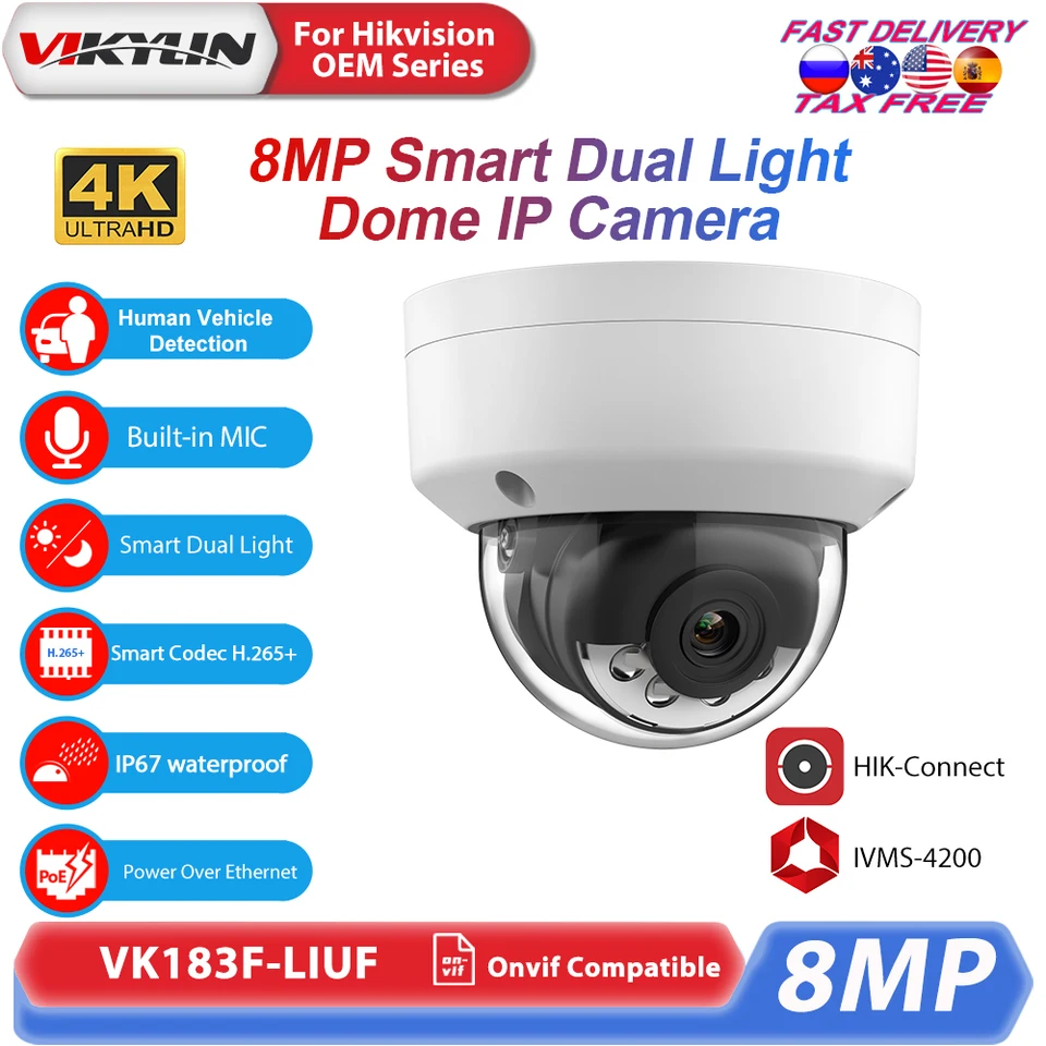 VISKYLIN 5MP/8MP DOME IP fotoaparát pre Hik OEM Smart Dual Svetlo vstavaný mikrofón a detekcia vozidla Domov CCTV Poe Camera Onvif