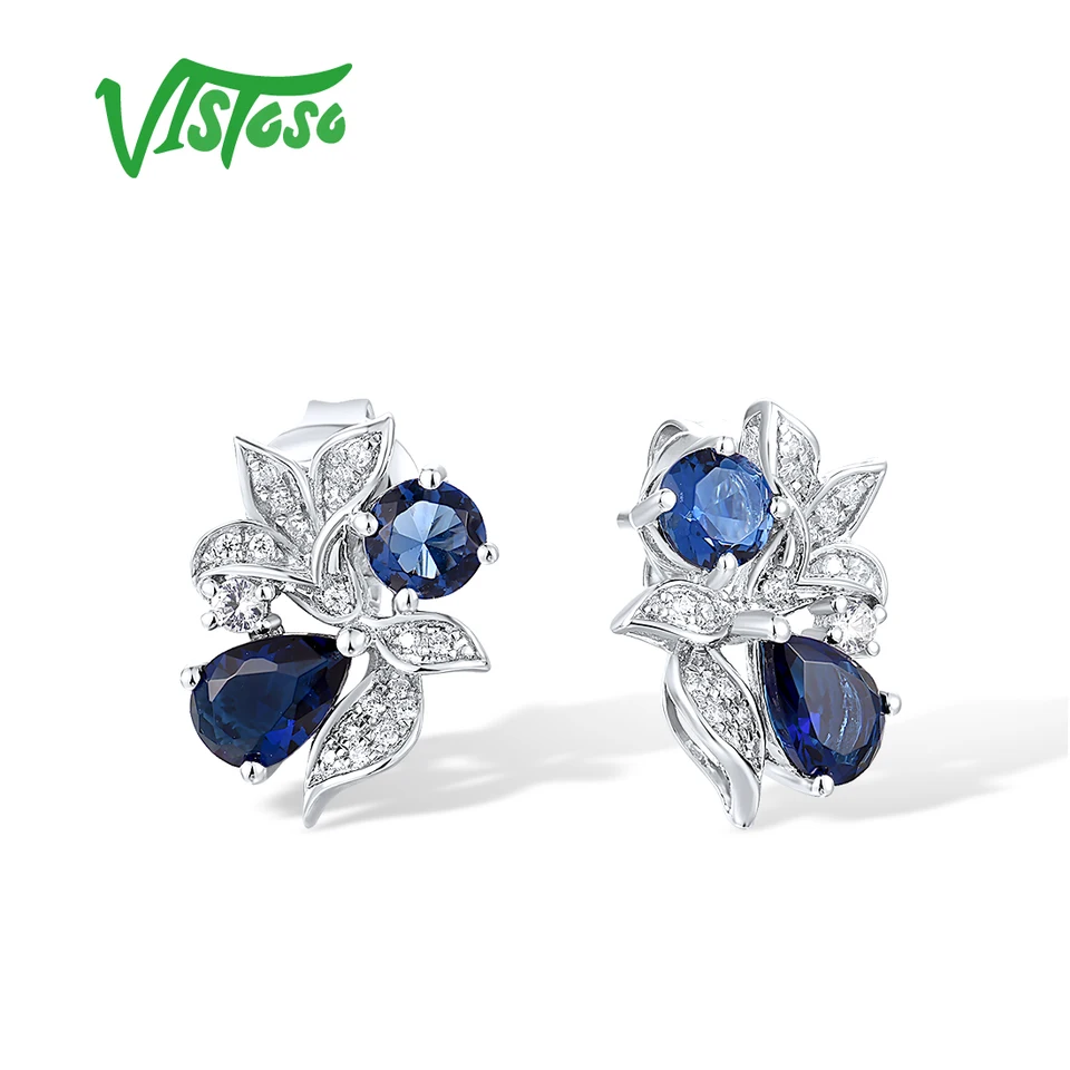 Vistoso Pure 14K 585 Biele zlaté náušnice pre ženy Šumivé diamanty modrý zafír Chčeľové kvetinové svadobné jemné šperky