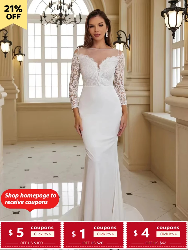 Vitrchp Elegantné čipky biele svadobné šaty sexy morská panna Tulle v krk bez spätného formálneho večierku Žena s dlhým rukávom Vestido Marriee