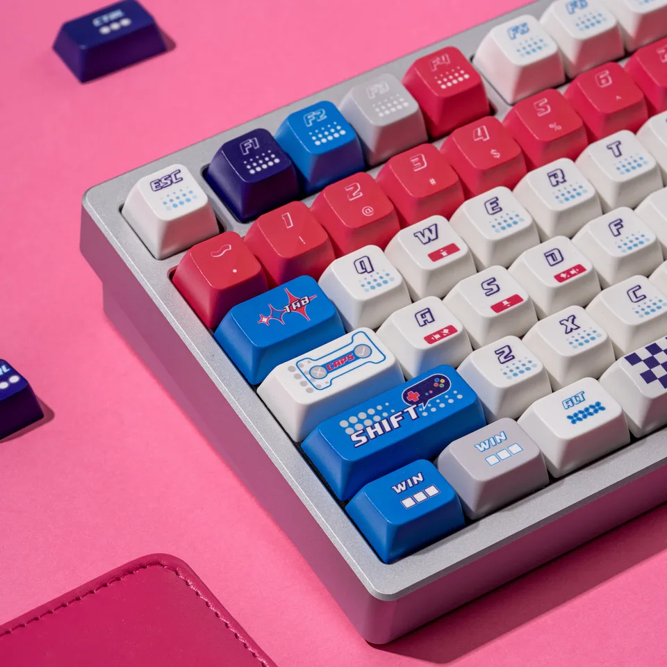 Vizuálna hra modrá keycap MDA výška PBT Sublimácia 140 Kláves Vlastná čiapka klávesnice