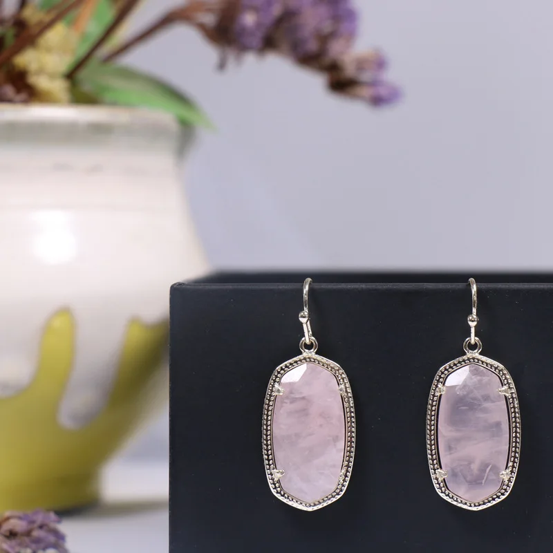 VKVVA Trendy Unikátny Dani Geometric Oval Rose Quartz Prívesok Dangle Dangle náušnice Dámske módne darčeky šperky