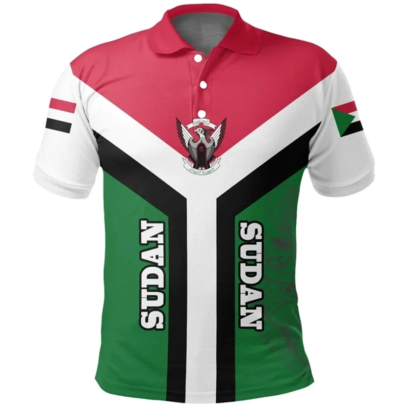 Vlajka Afrika Sudán Vlajka 3D tlač s krátkym rukávom Polo košele pre mužov oblečenie Príležitostné pólové tričko Národný znak Eagle Jersey Tops