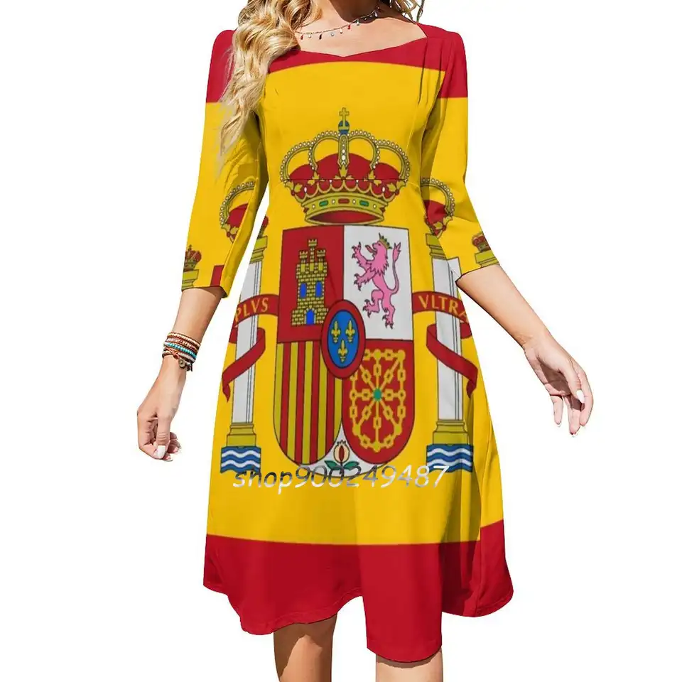 Vlajka Španielska Flare šaty štvorcový krk šaty elegantné ženské módne tlačené šaty vlajka Španielska Španielska