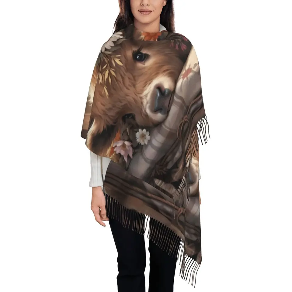 Vlastná Highland Cow and Flower Tassel Cons Women Wink Winte Warm Shawl Wrap Dámske šatky