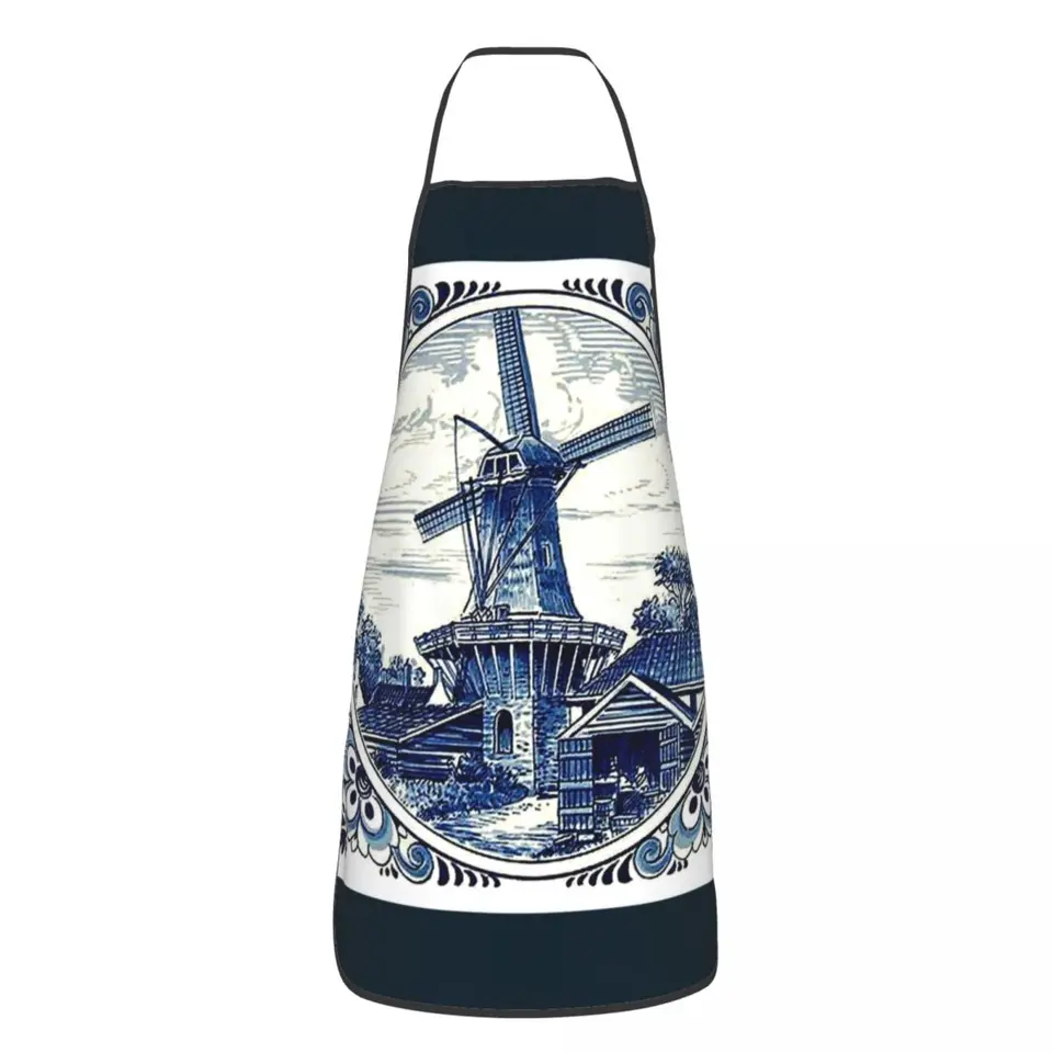 Vlastná holandská modrá Delft vintage veterný mlyn Art Art Art Ženy Muži pre dospelých unisex šéfkuchár Bib Tablier kuchy