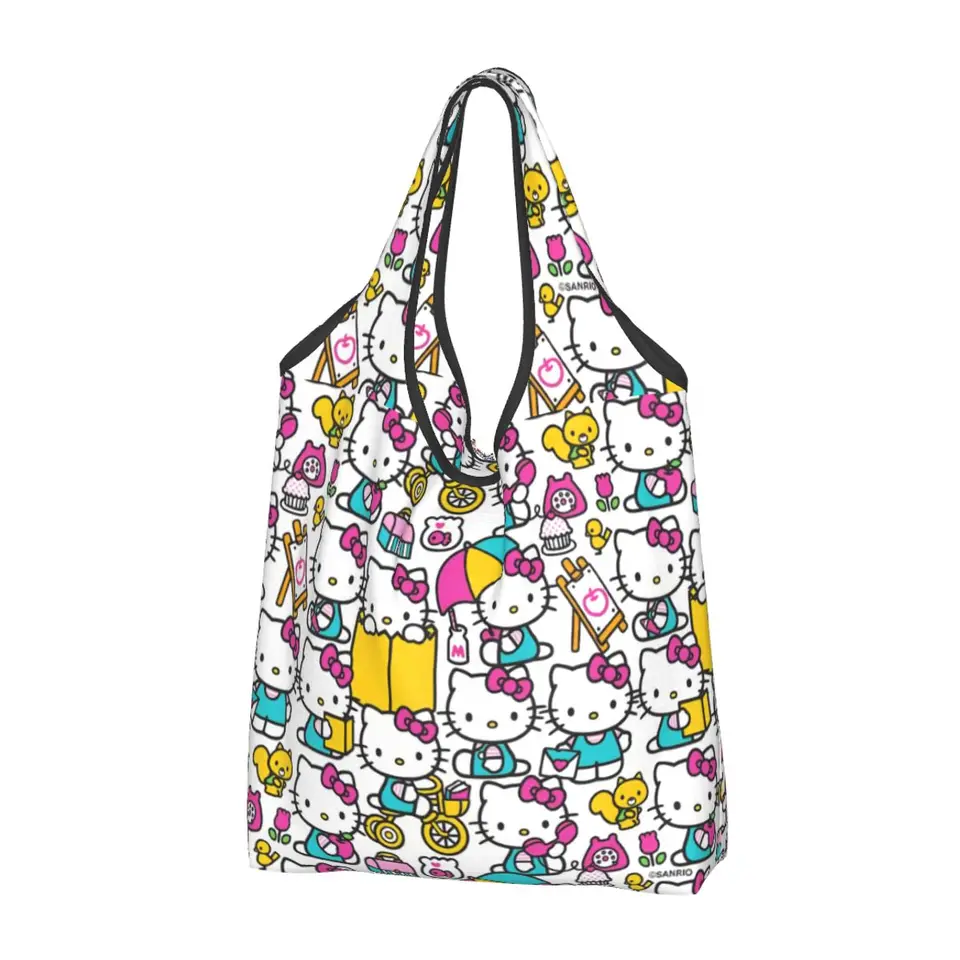 Vlastná kawaii tlač Hello Kitty Cartoon Tote nákupné tašky Prenosné nakupujúce ramená nakupujúce kabelku