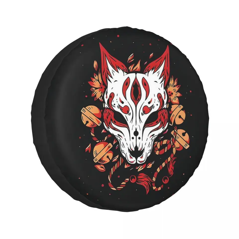 Vlastná kitsová maska ​​na kitsune Mask Fox Replace Tire Cover pre Jeep SUV RV 4WD Vozidlo 4x4 Ochranné kryty kolies 14 