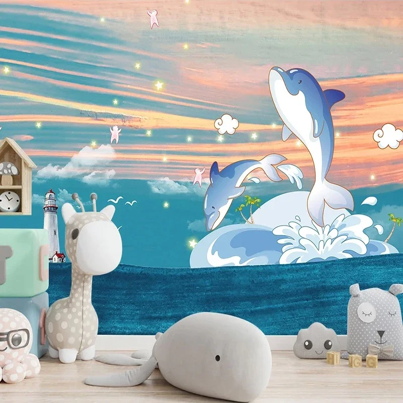 Vlastná nástenná tapeta Nordic Ins ručne maľovaná 3D karikatúra pod vodou sveta Delphin Detská izba pozadia stena dekorácie fresky