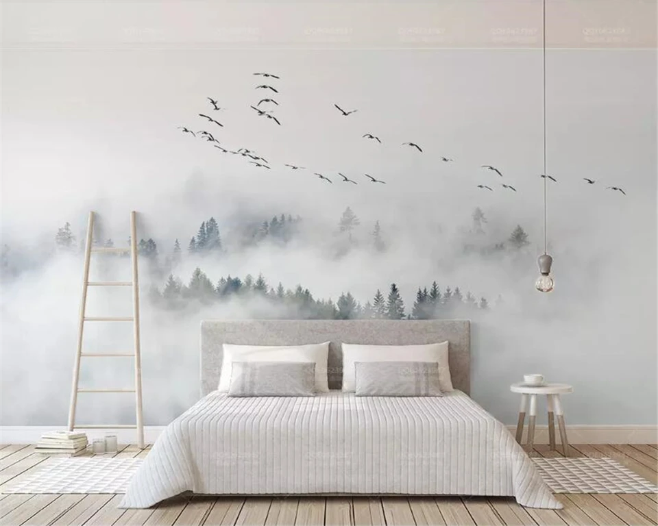Vlastná tapeta Fog Forest Bird Pozadie nástenná maľba domácej dekorácie sebapoškodzujúci reliéf materiál dekoratívna maľba 3D tapeta