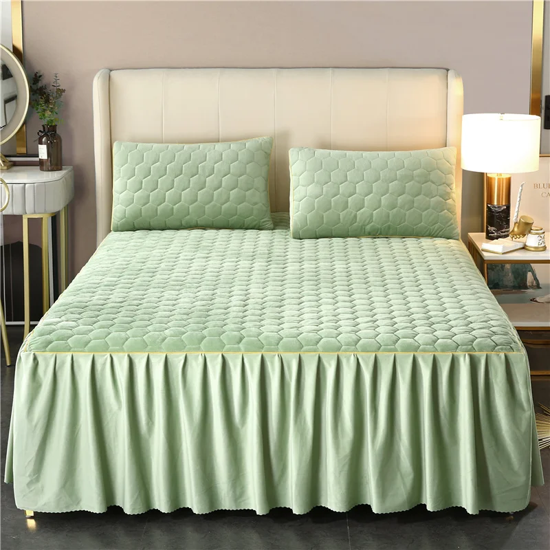 Vlastná veľkosť vysoká prepecia Kórejský štýl Čistá farba hrubá krištáľová zamatová princezná posteľ sukňa Bedspreads posteľná lôžka vankúš #/