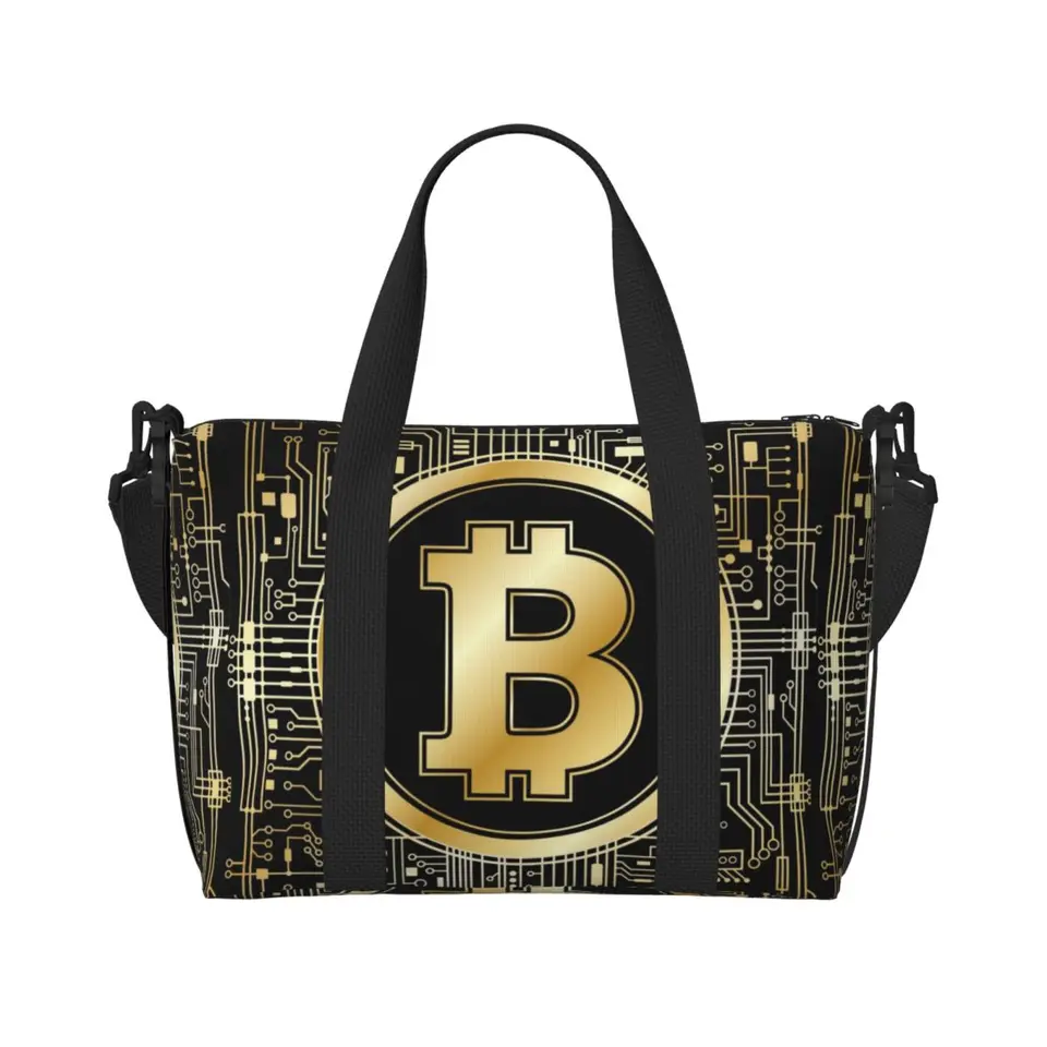 Vlastná zlatá bitcoinová majestátna základná doska tote tašky Ženy veľkú kapacitu krypto hack btc špeciálne telocvične plážové tašky