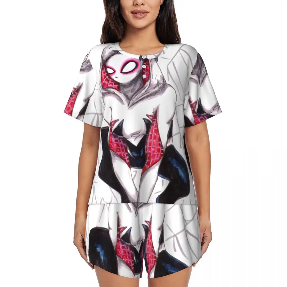 Vlastné dámske duchovné spider girl pyžamy set tlač s krátkym rukávom spánok