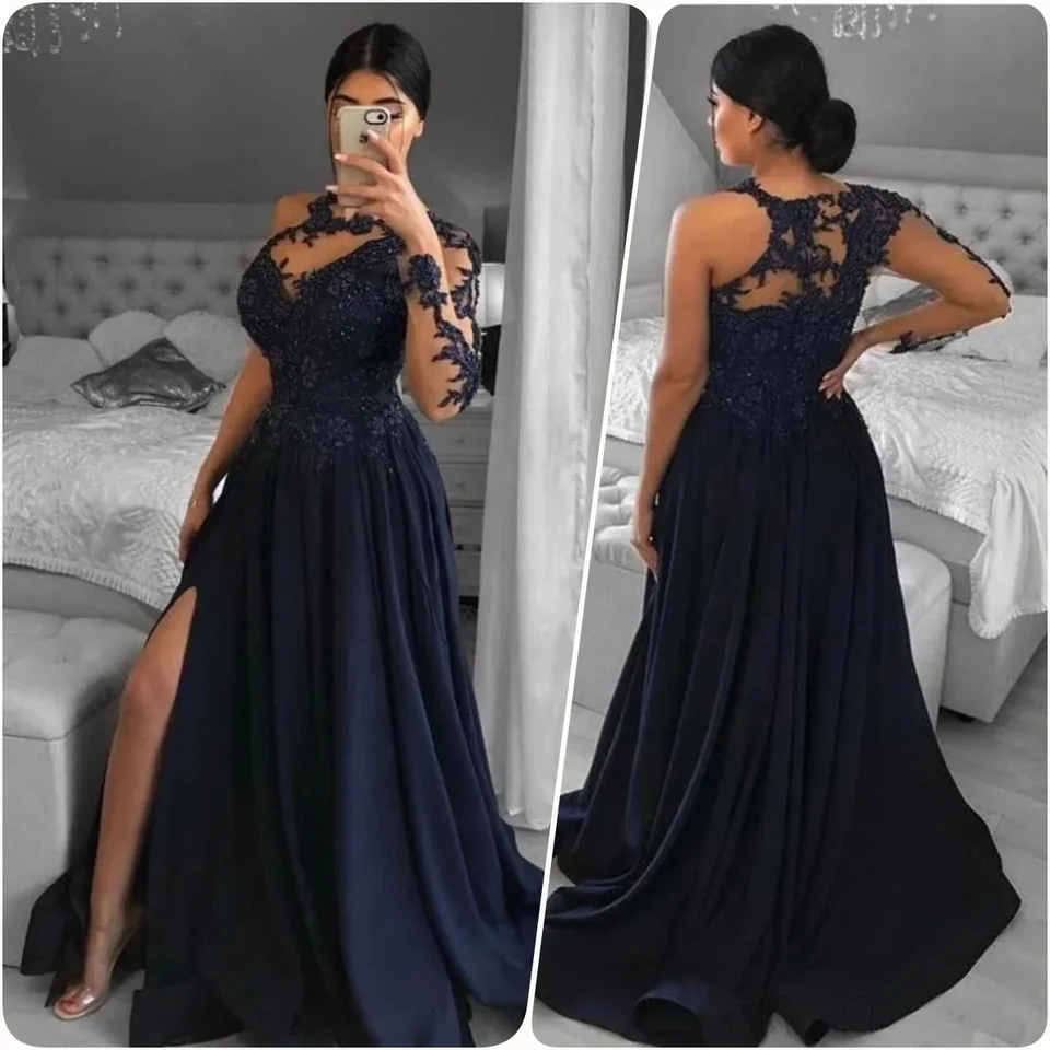 Vlastné elegantné námornícke modré sexy predné rozdelené čipky Šifónové večerné šaty