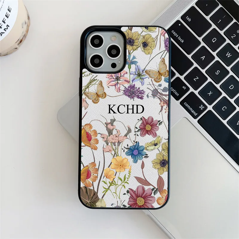 Vlastné iniciály kvety tehla Saffiano Vegan Pu Leather puzdro pre iPhone 14 13 11 12 15Pro max 16 plus xr x max