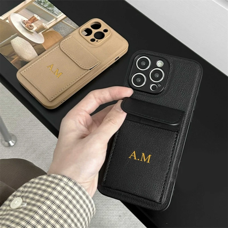 Vlastné iniciály Názov Letter Card Bag kožené puzdro pre iPhone 16 15 14 13 12 11 11 pro max