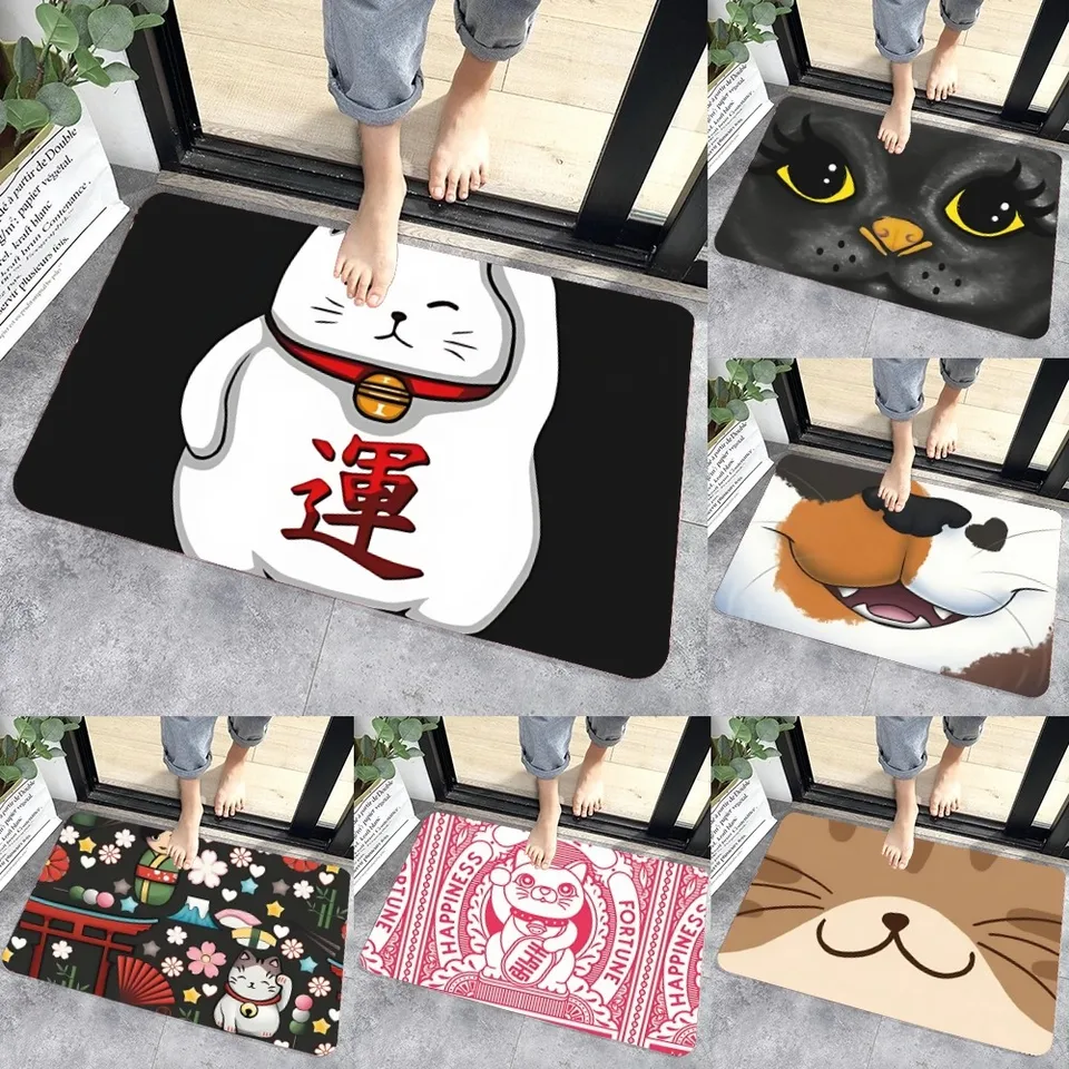 Vlastné kawaii maneki neko šťastie mačka podlahová podlaha grafická tlačená flanel rohožky pre kúpeľňu kuchy