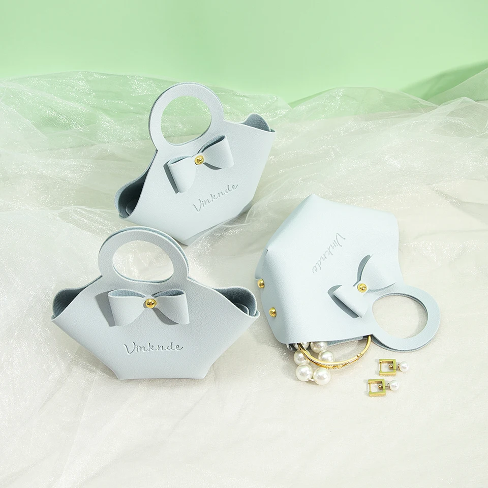 Vlastné logo Kožené cukrovinky Candy Bag Cute Bow Wedding Box Handbag Creative Kid Girl Party Party Balenie Balíčka šperky krabica mini kabelka