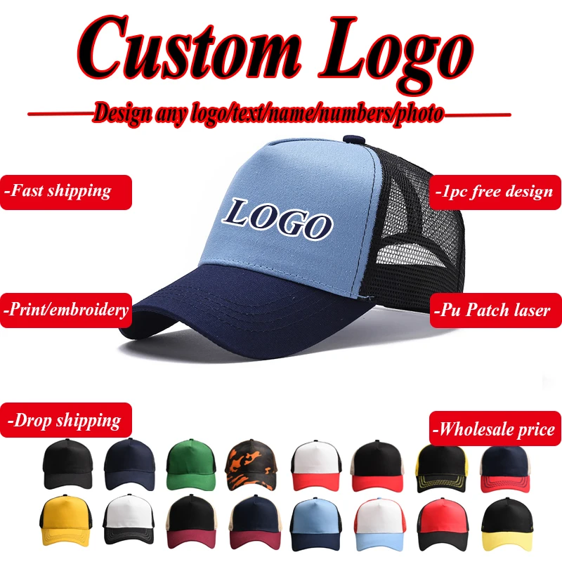 Vlastné logo Tlač základnú pasnú farebnú sieť Priedušnú baseballovú čiapku Summer Sunshade Clep 5 panelov Vodič