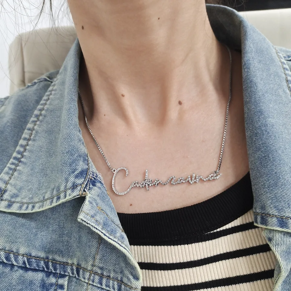 Vlastné meno rukopis skript náhrdelník Prispôsobené 18k zlatá škatuľka retiazka Bling náhrdelník kubický zirkónia diamant Názov Pendan
