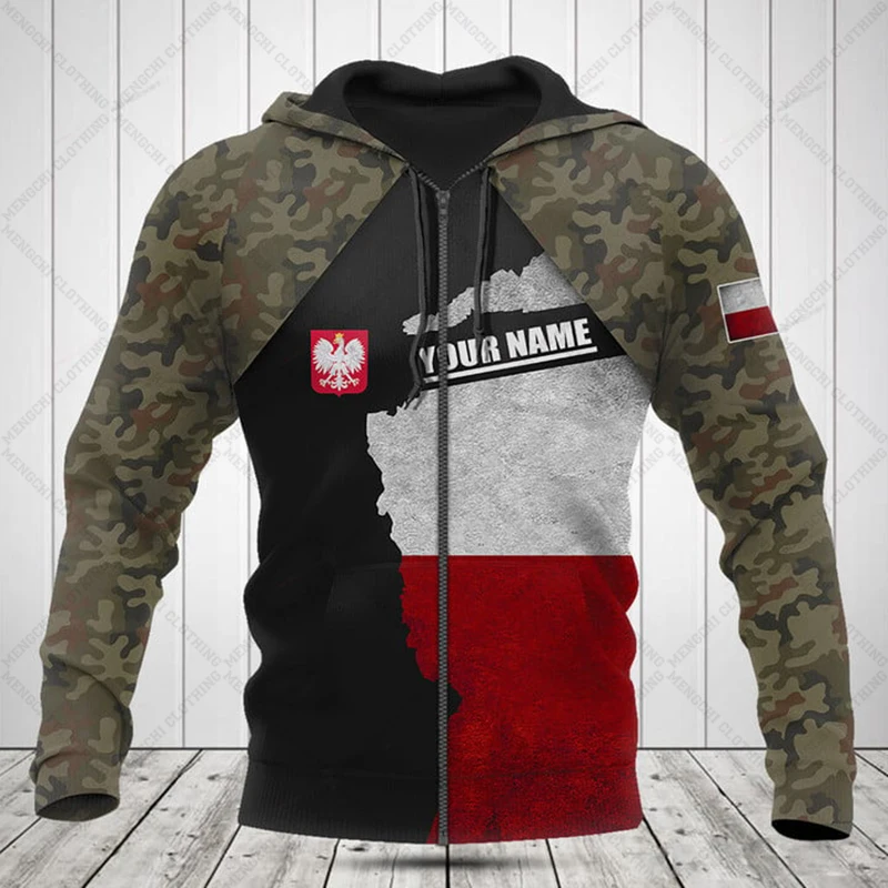 Vlastné názov Poľsko Vlajka maskovacia zipsová kapucňa voľné unisexové nadmerné mikiny zimné príležitostné streetwear Tops Pullover