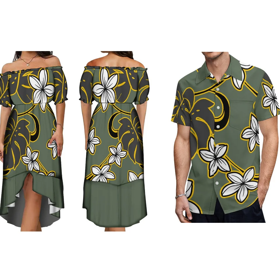 Vlastné polynézske šaty Blue Samoan Tribal Print Skladané rybolovné šaty na večierok mimo ramena a havajské pánske košele