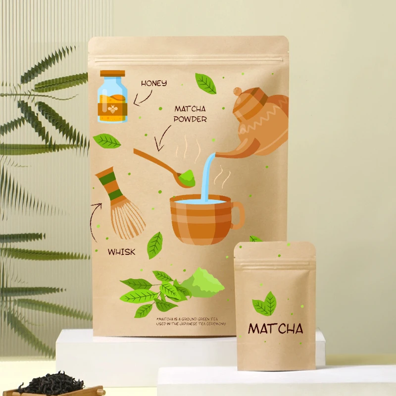 Vlastné potlačené opakovane použiteľné stojaté kraft papier, ktorý nie je vlhkosť matcha prášková kávová vrecko Čajové tesnenie vrecká na zips