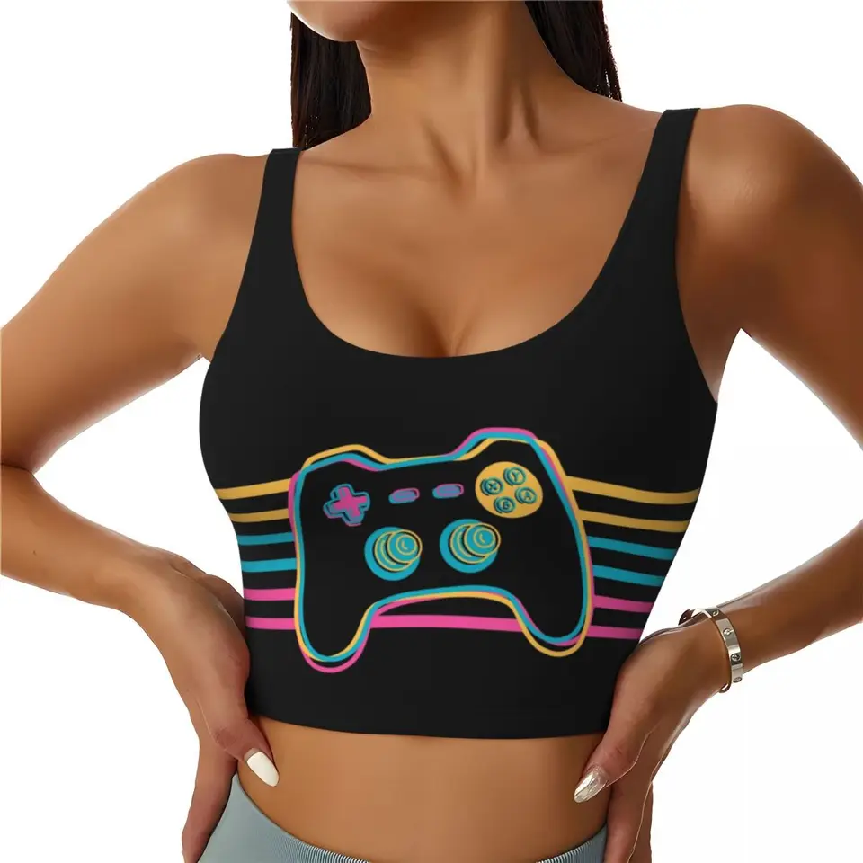 Vlastné retro vintage hráčové herné ovládač Cvičenie plodiny Touch Tops for Women Video Game JoyPad Joystick Running Sports Bras