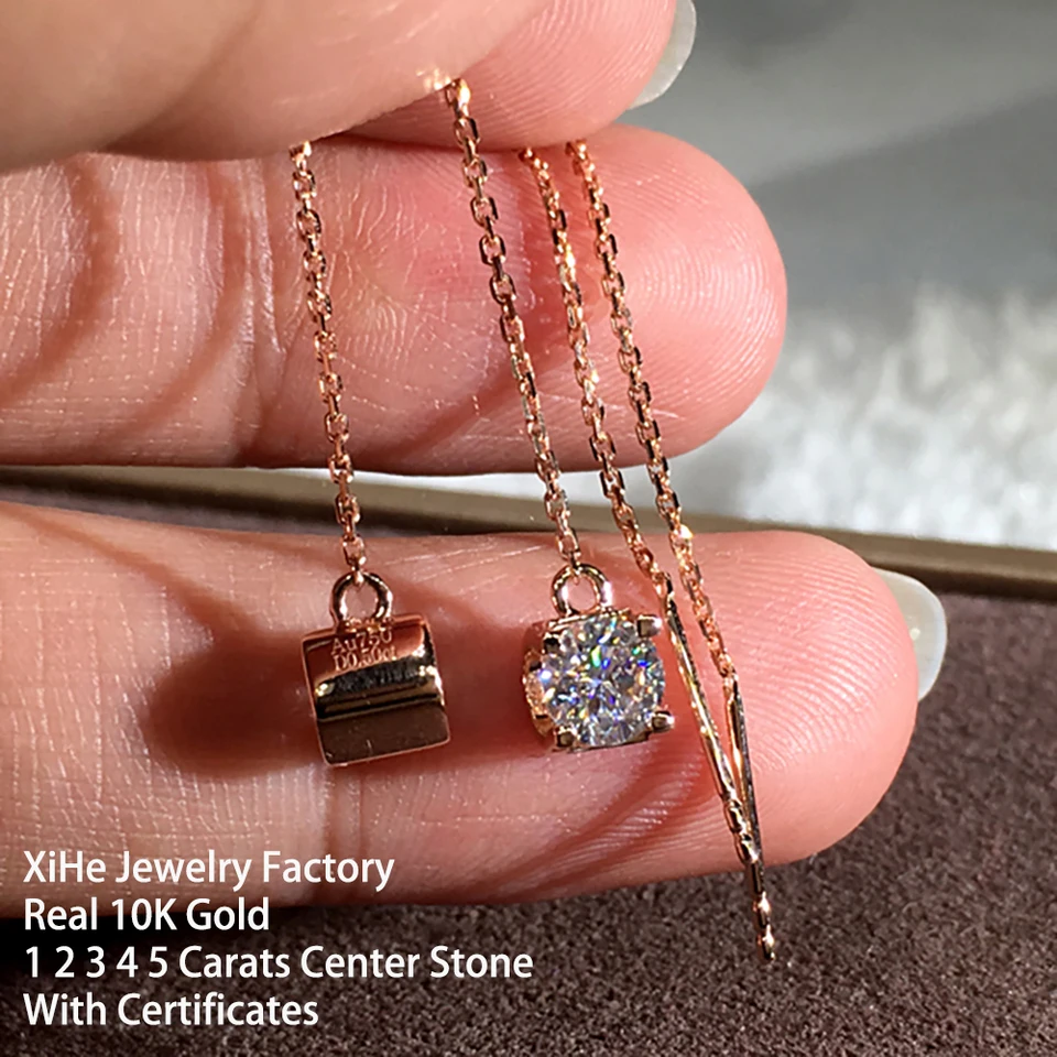 Vlastné skutočné 10k Spevné zlato Ženy Drop náušnice Tassel 1 2 3 4 5 Carat Round Moissanite Diamond Drop Clip náušnice 4 Claws Trendy
