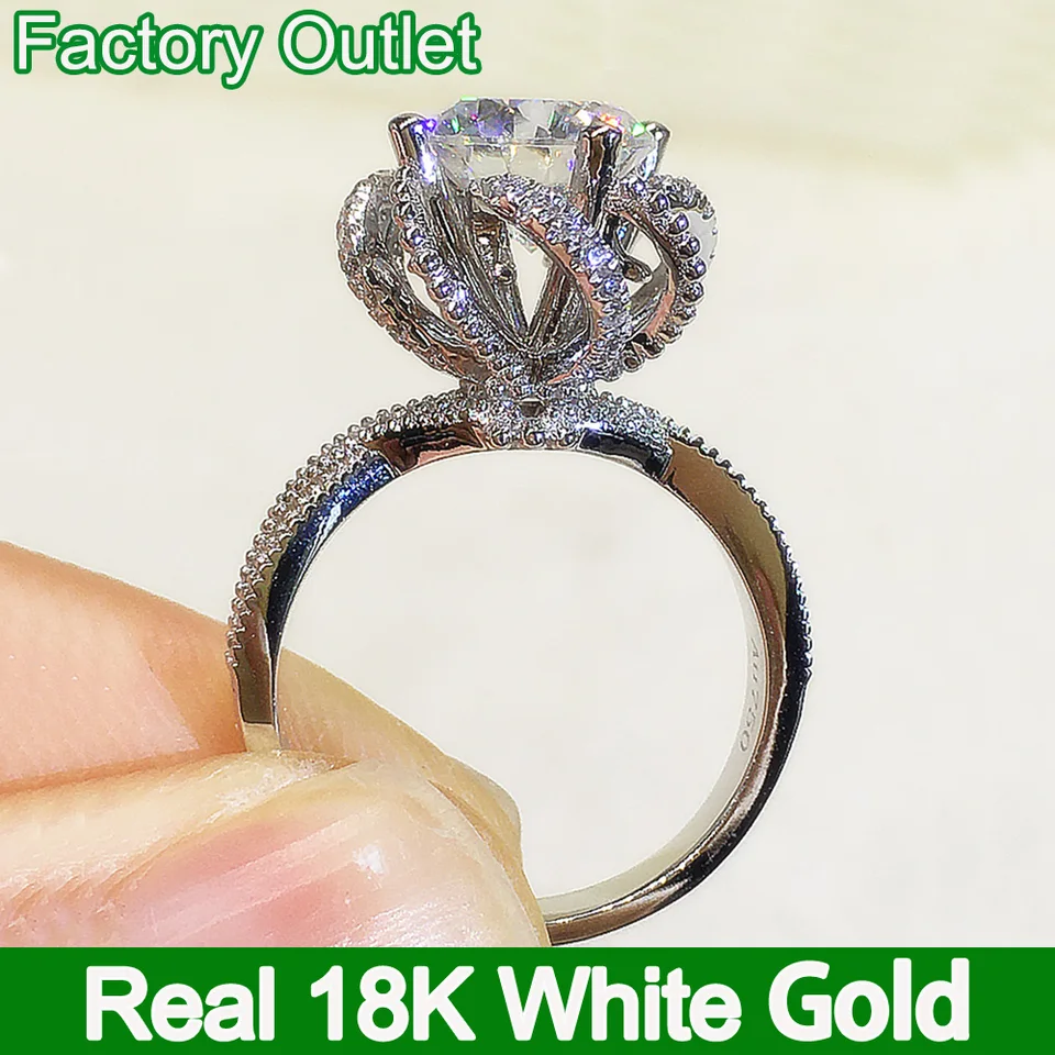 Vlastné skutočné 18k biele zlato prsteň Ženy Zásnubné výročie snubný prsteň fontány Moissanite Diamond Trend trendy 1 2 3 4 5 CT