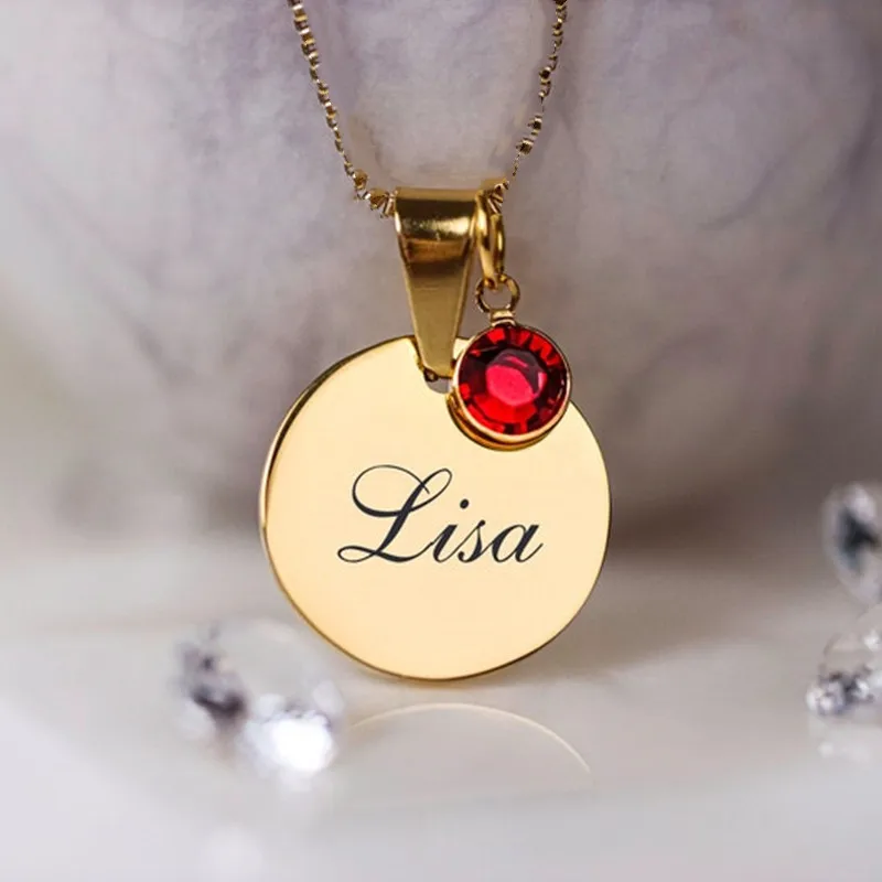 Vlastný náhrdelník z nehrdzavejúcej ocele pre jej textový dátum vyrytý mincí disk Round Pendant Zodiac Lucky Birth Stone Day Darček darček