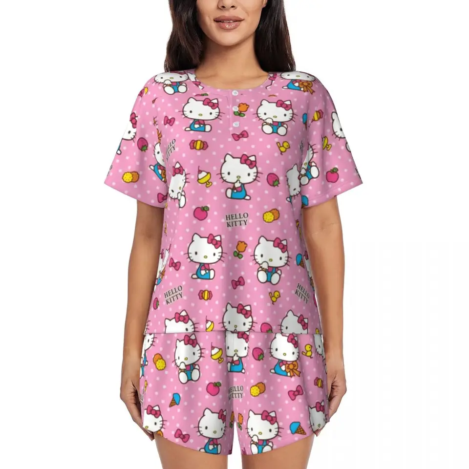 Vlastný ružový mak animemovaný anime Hello Kitty pyžama set žien 2 kusové krátke rukávy PJS Shorts Sleepwear