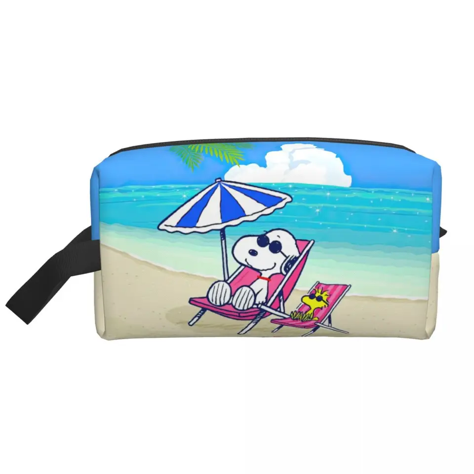 Vlastný snoopys pes na pláži Cortoon Comic Cosmetic Bag Ženy veľkú kapacitu beagle make -up make -up kozmetické skladovanie toaletné tašky