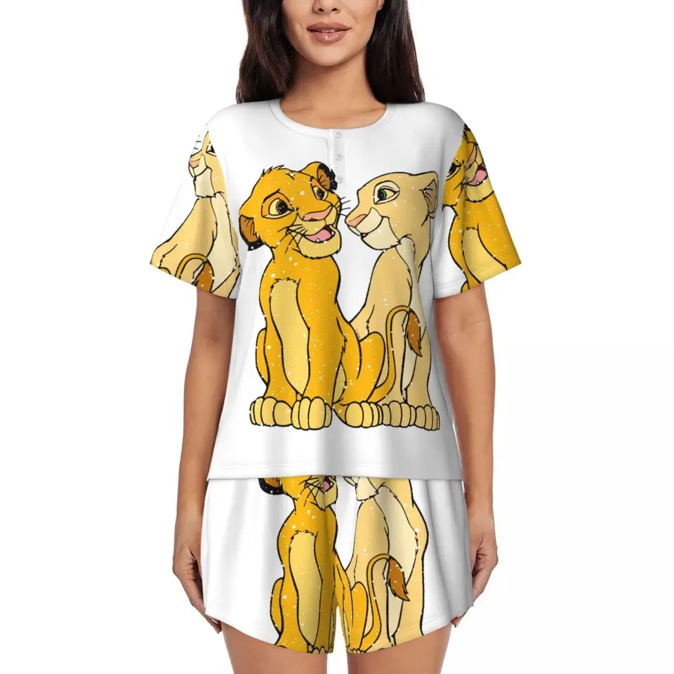 Vlastný vtipný karikatúra film Lion King Simba pyžamy set dámske krátke rukávy Sleewear Loungewear 2 kusové pjs