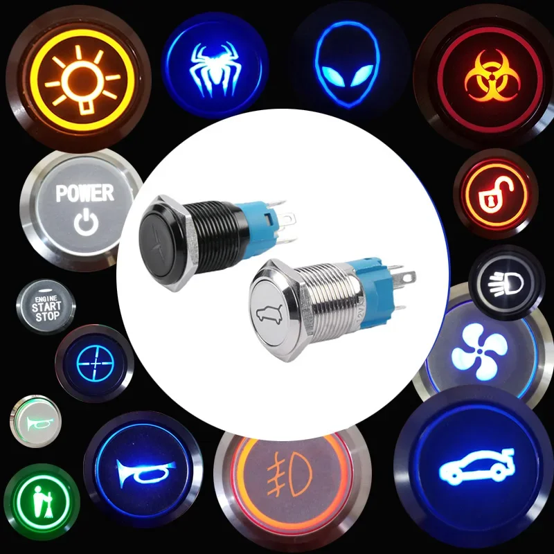 Vlastný vzor automobilu DIY vodotesné LED svetlo svetlo s momentom tlačidla prepínač LATCHING ŤASTROVANIE 16/19/22 mm Self Reset Logo Symbol Symbol signál ikony
